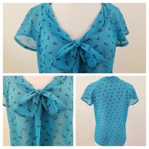 Lilly Star Turquoise Bow Pattern Sheer Blouse